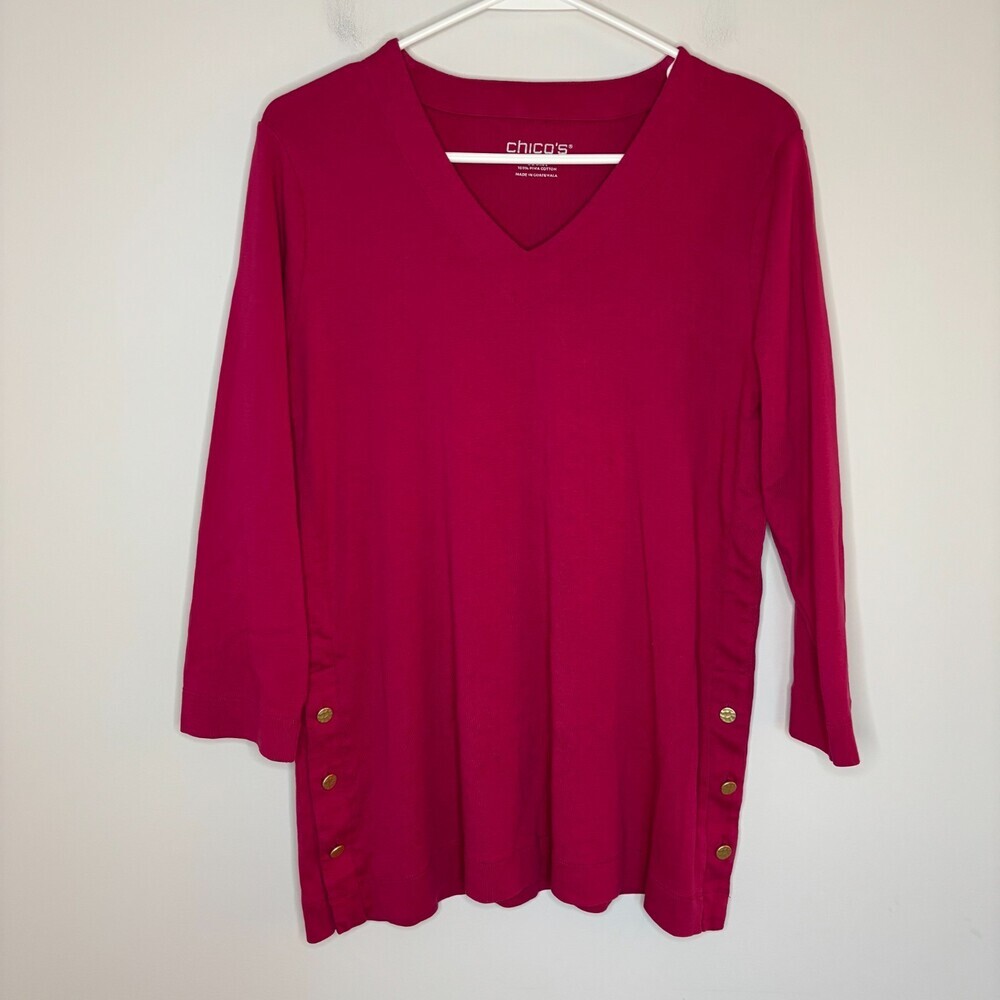 Chico's Cotton V Neck Tunic 3/4 Sleeve Womens L Pink Button Stretch Knit Top
